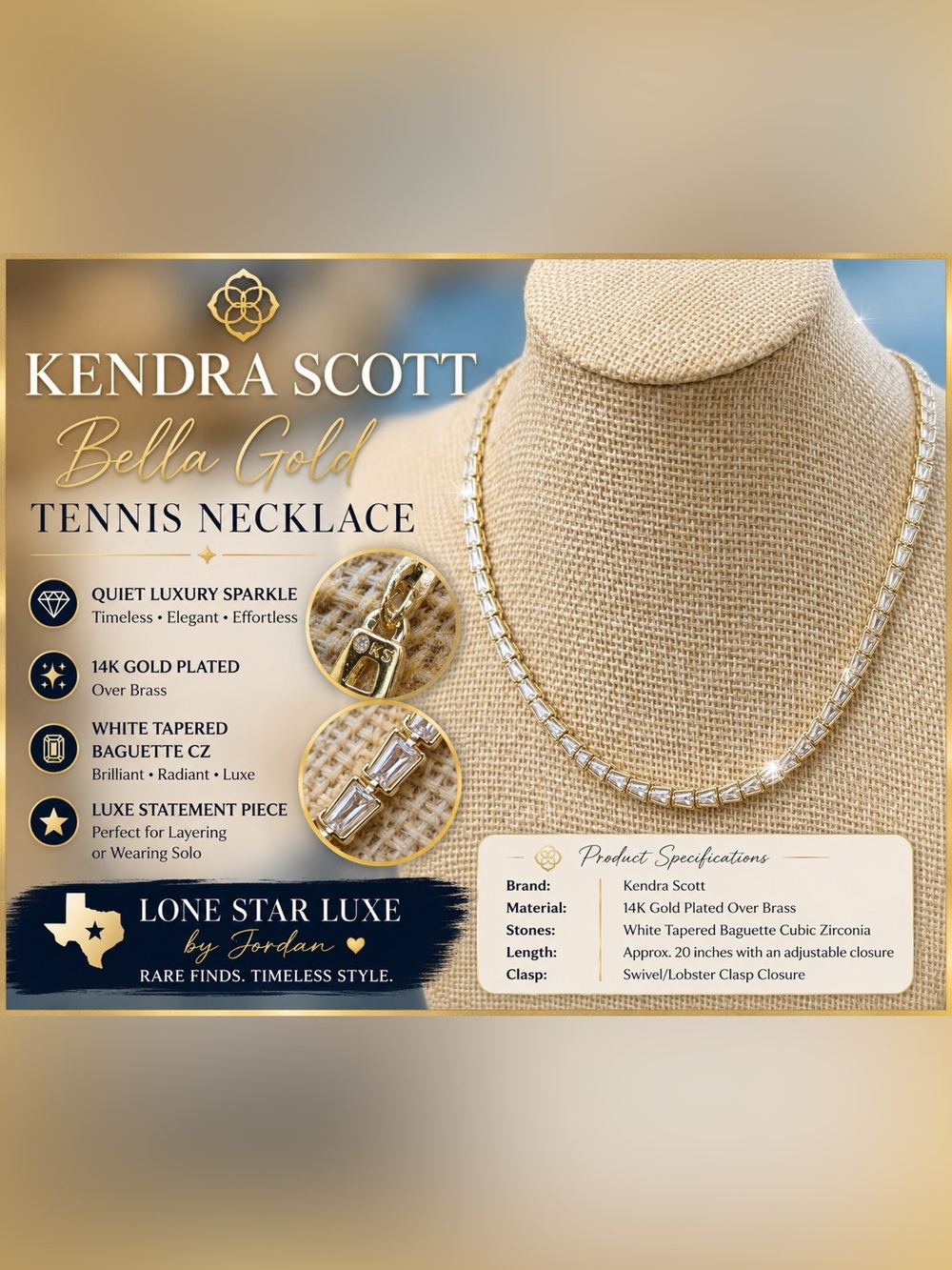 Kendra Scott Bella Tennis Necklace
White Tapered Baguette CZ • 14K Gold Plated